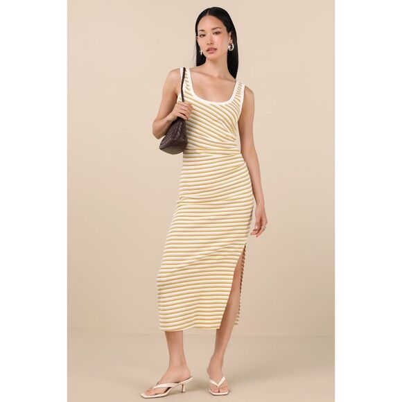 Lulus Edeva Yellow and Ivory Striped Knit Midi Dress Size Medium - Picture 1 of 15